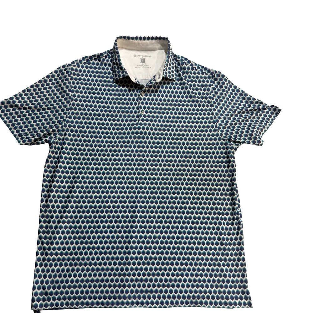 Hickey Freeman Golf Polo Mens Large Blue Geometric Honeycomb Excellent Stretch - Picture 1 of 10